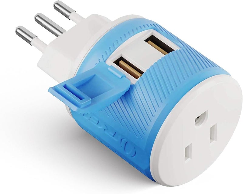OREI Italy, Uruguay Travel Plug Adapter with Dual USB - Type L (U2U-12A), Will Work with Cell Phones, Camera, Laptop, Tablets, iPad, iPhone and More, Blue - Image 1
